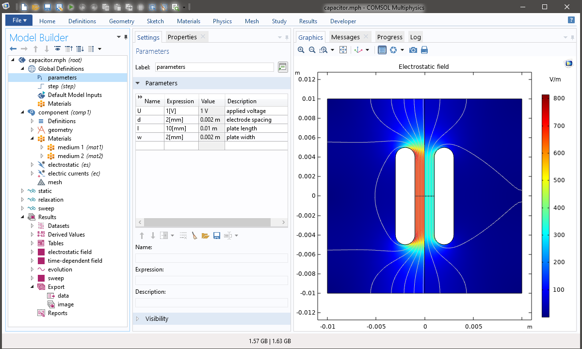 Screen-shot of demonstration model "capacitor" in Comsol GUI